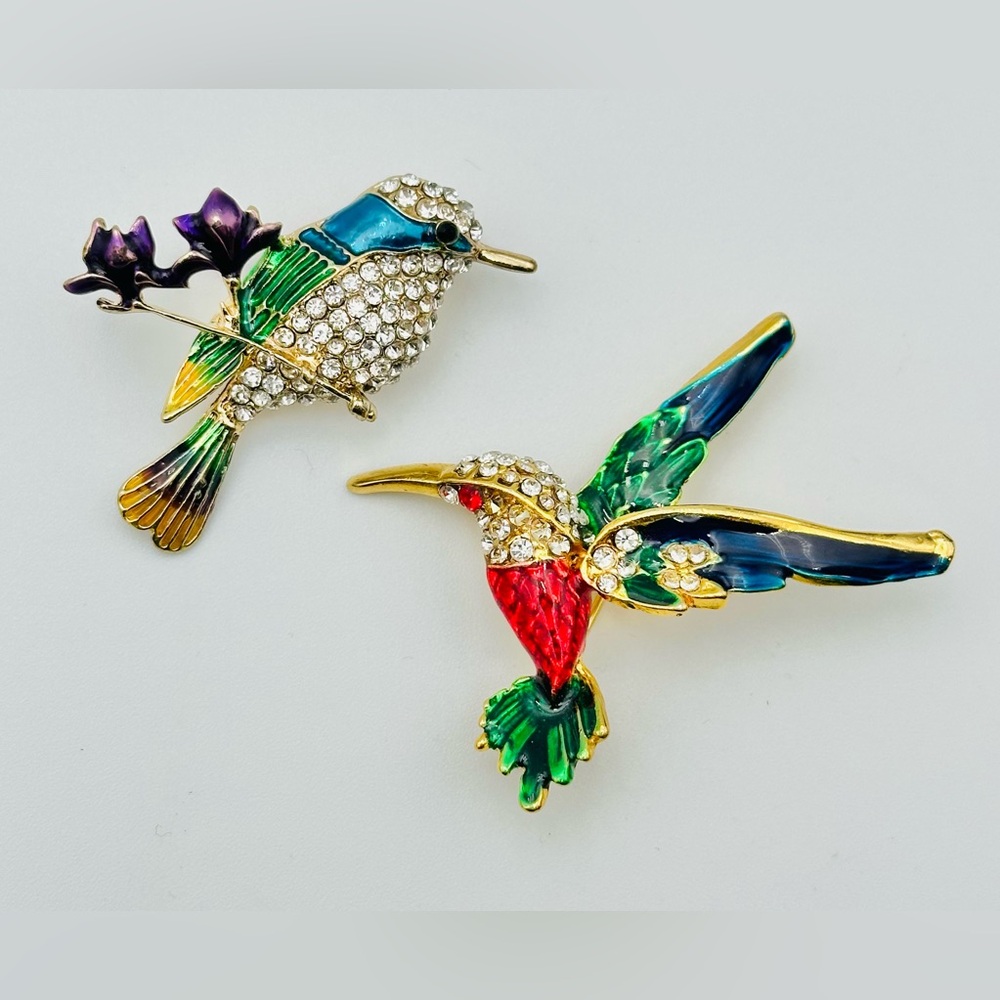 Lot 2 Rhinestone Enamel Bird Brooch Pin Hummingbird Floral Colorful Set
